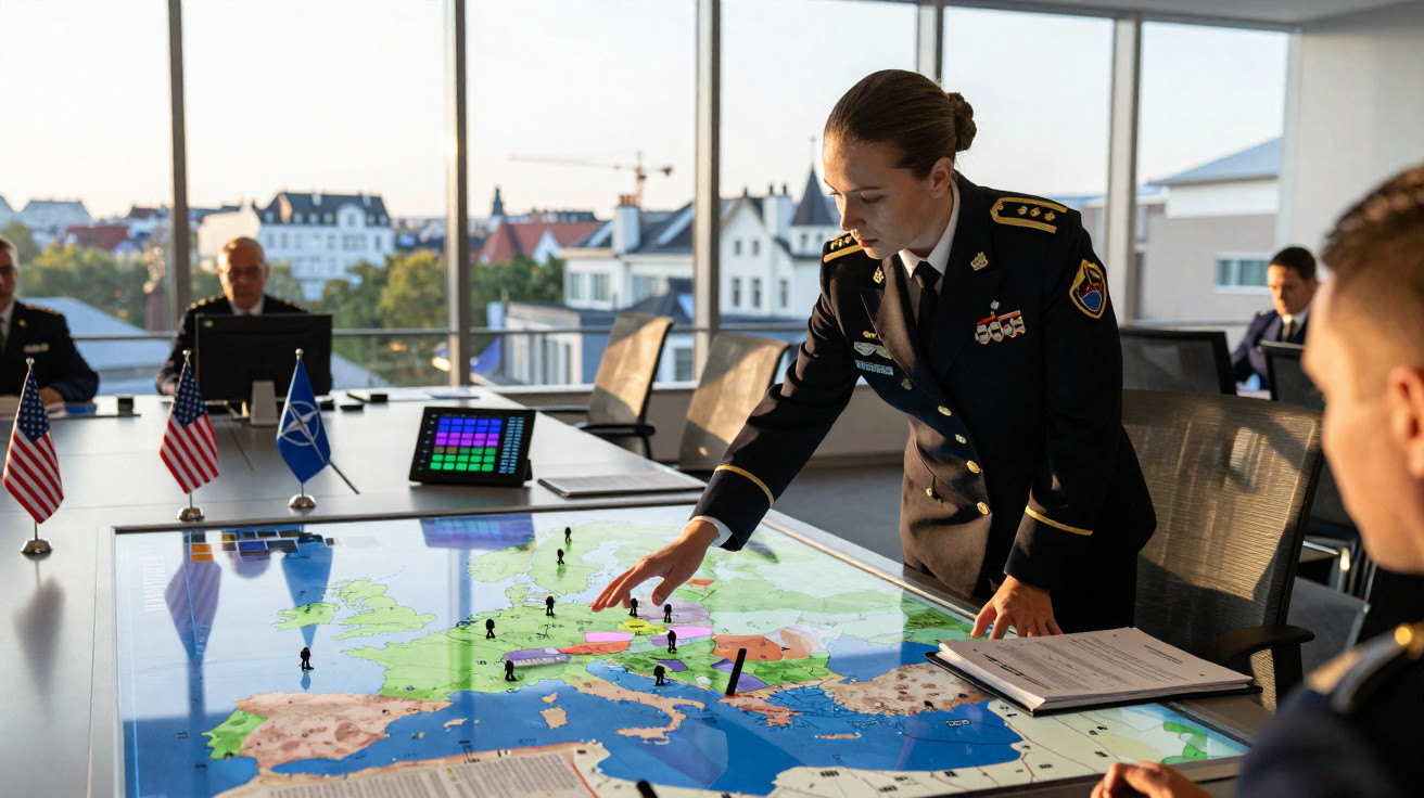 Military officer in uniform pointing at a digital map of Europe during a strategic meeting in a conference room.