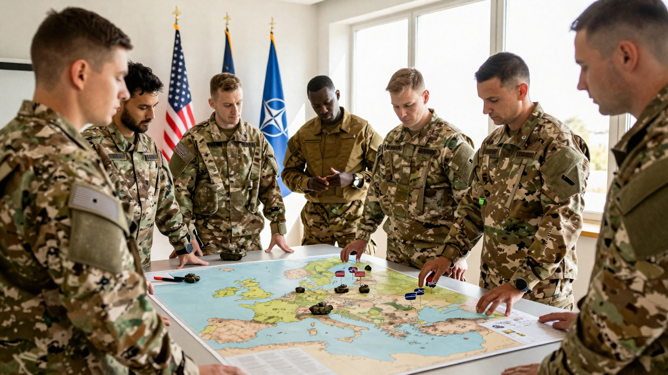 Group of soldiers in uniform strategising around a large map of Europe with NATO and US flags in the background