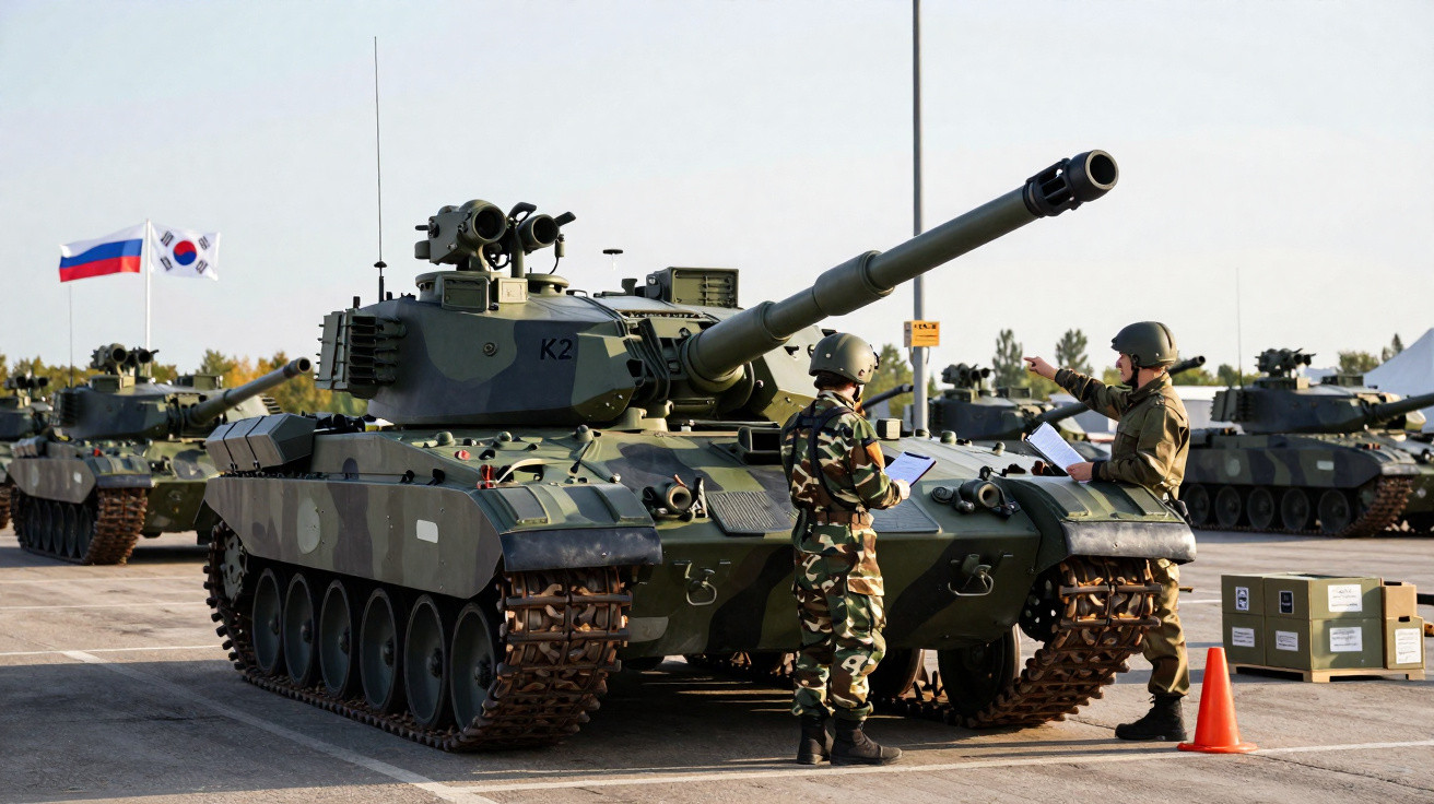 Two soldiers in camouflage gear inspecting a K2 battle tank on a paved area with Russian and South Korean flags.