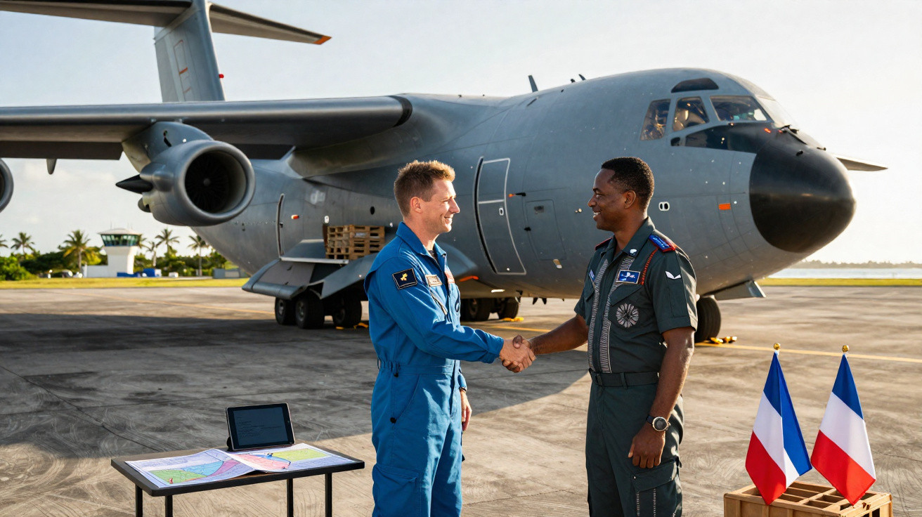 Two male pilots shaking hands on an airfield with a military cargo plane and French flags nearby.