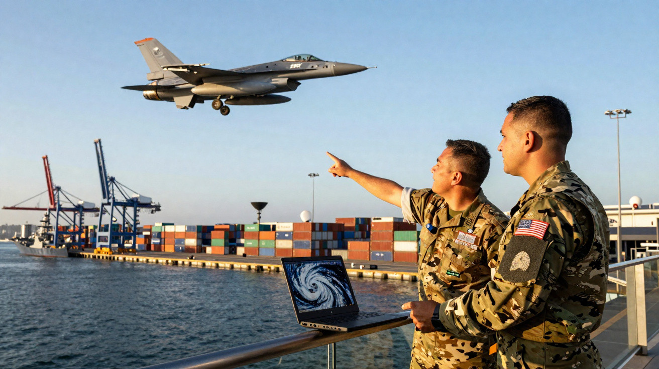 Two soldiers in camouflage observing a fighter jet flying over a container port with a laptop showing a storm image