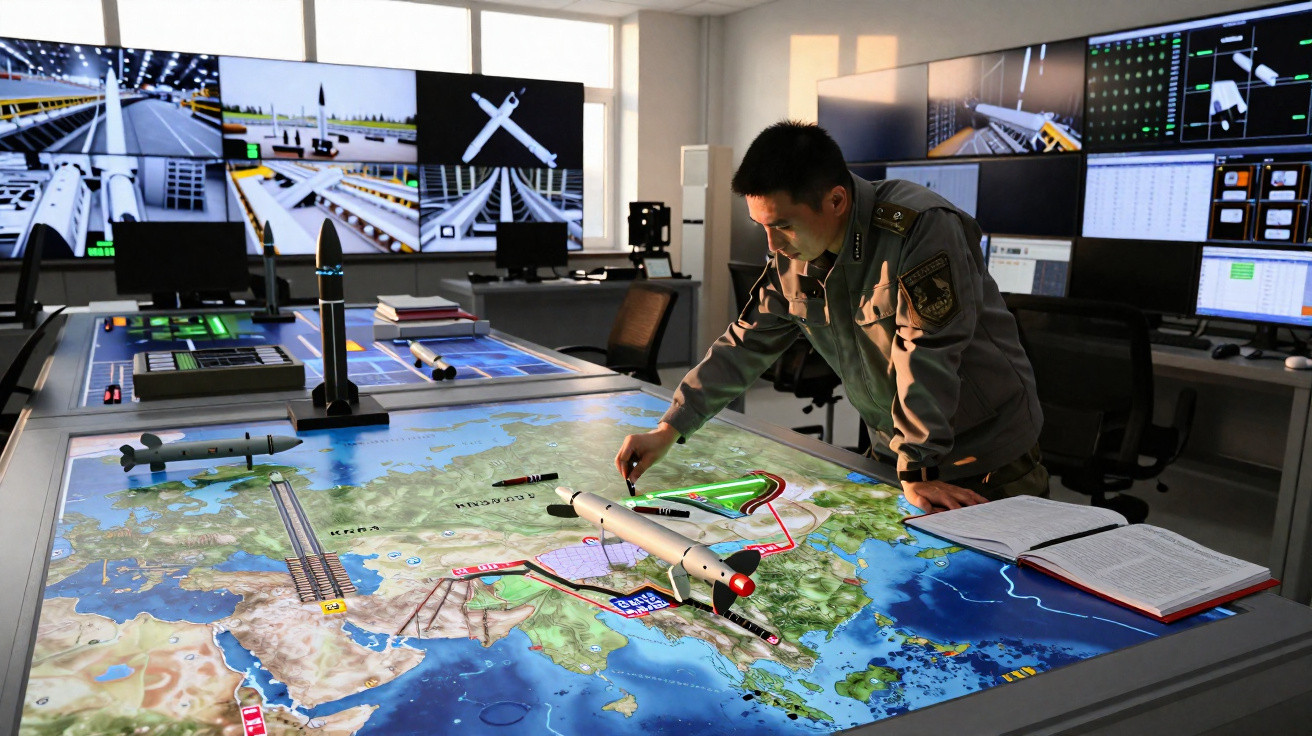 Man in military uniform planning missile routes on digital map table in a command control room.