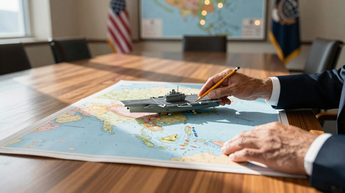 Hands of a person in a suit placing a model aircraft carrier on a map during a meeting in a conference room.