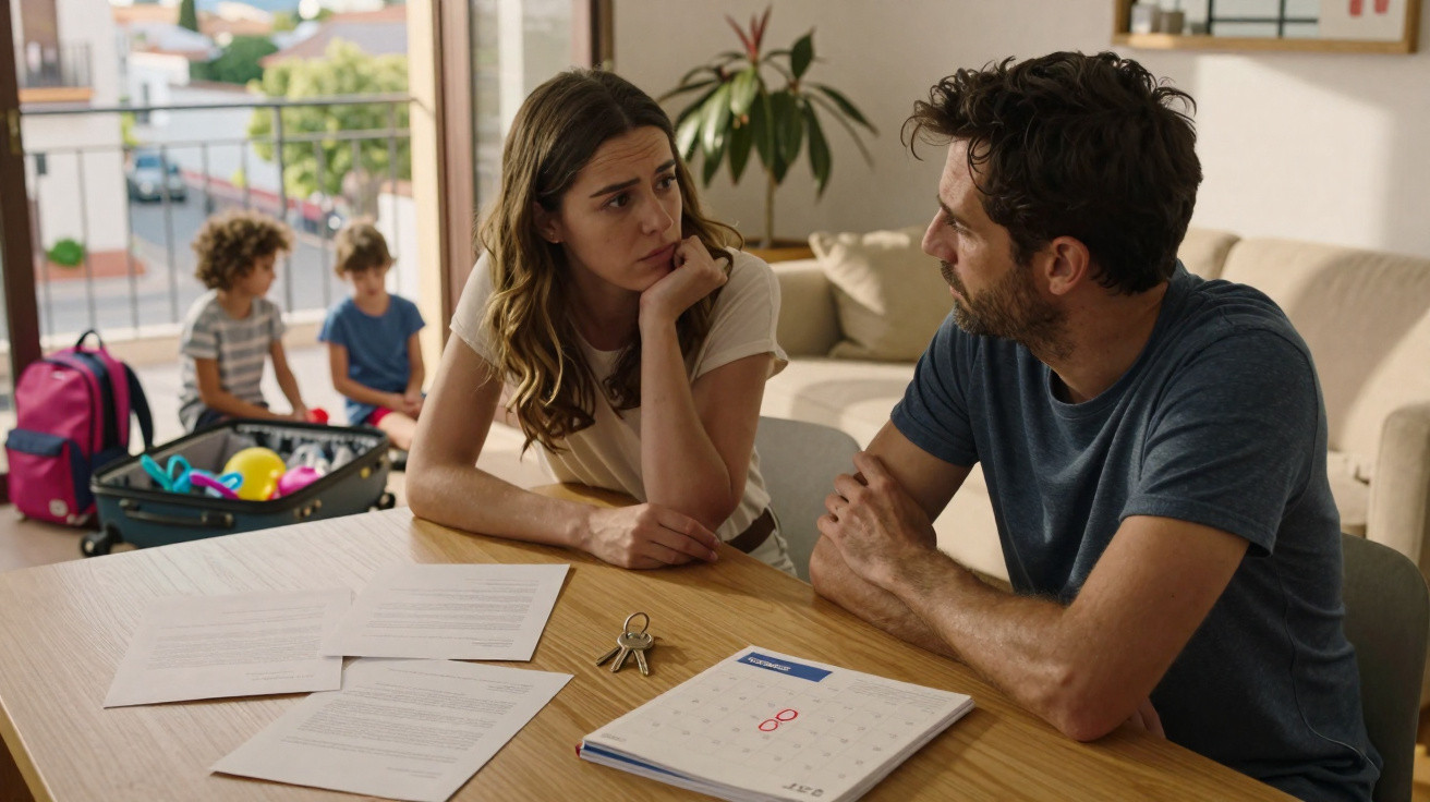 A concerned couple sits at a table with papers and a calendar marked, two children sit in the background near a suitcase.