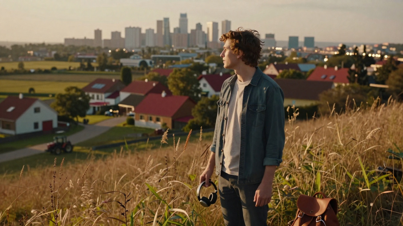 Young man holding headphones standing in a grassy field with houses and a city skyline in the background at sunset