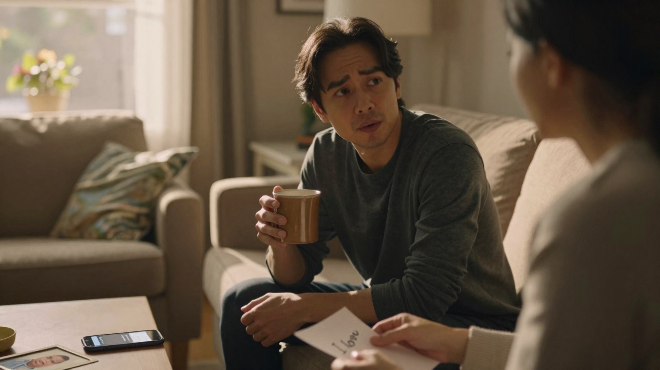 Young man holding a mug, engaged in conversation with another person in a softly lit living room.