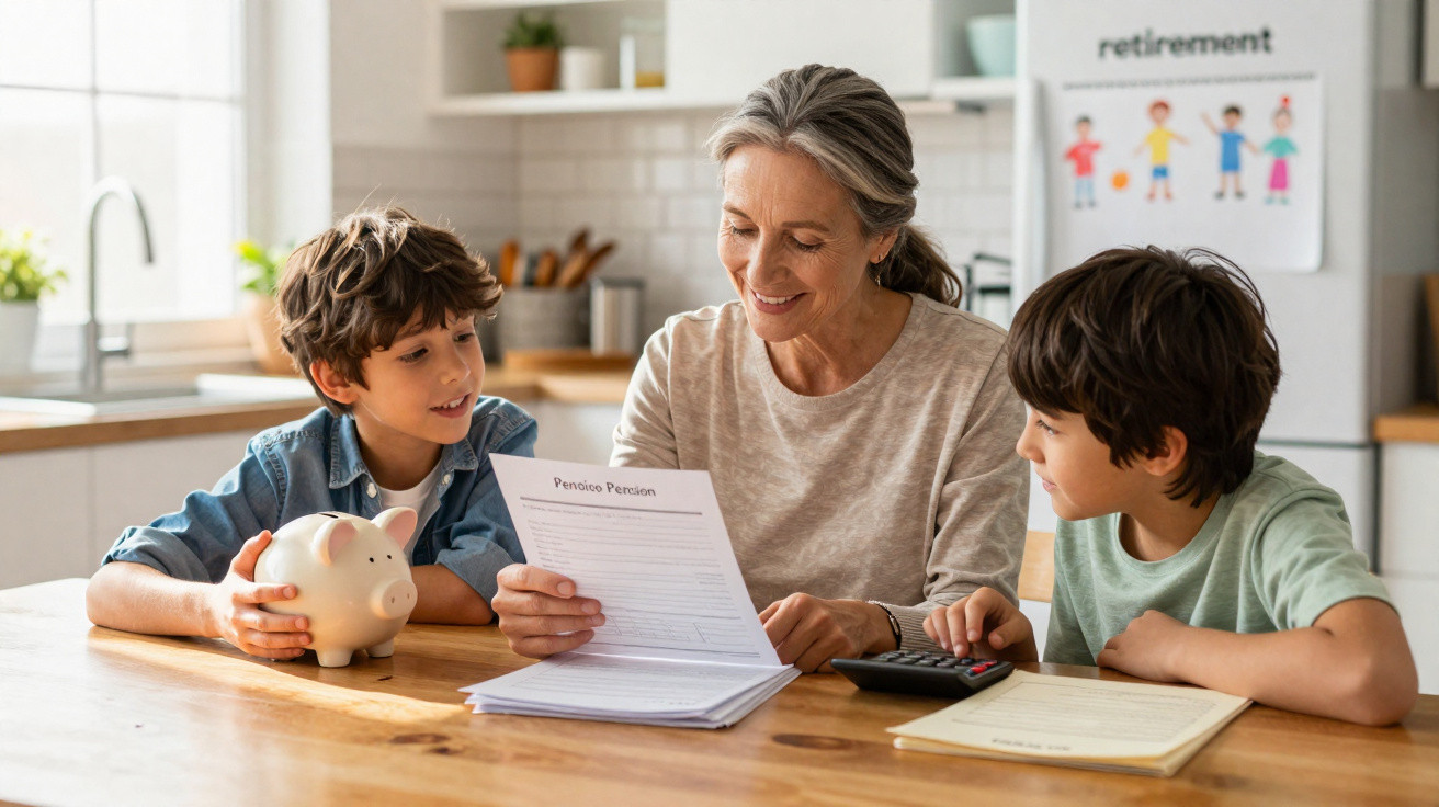 Older woman showing pension papers to two young boys at a wooden table with a piggy bank and calculator.