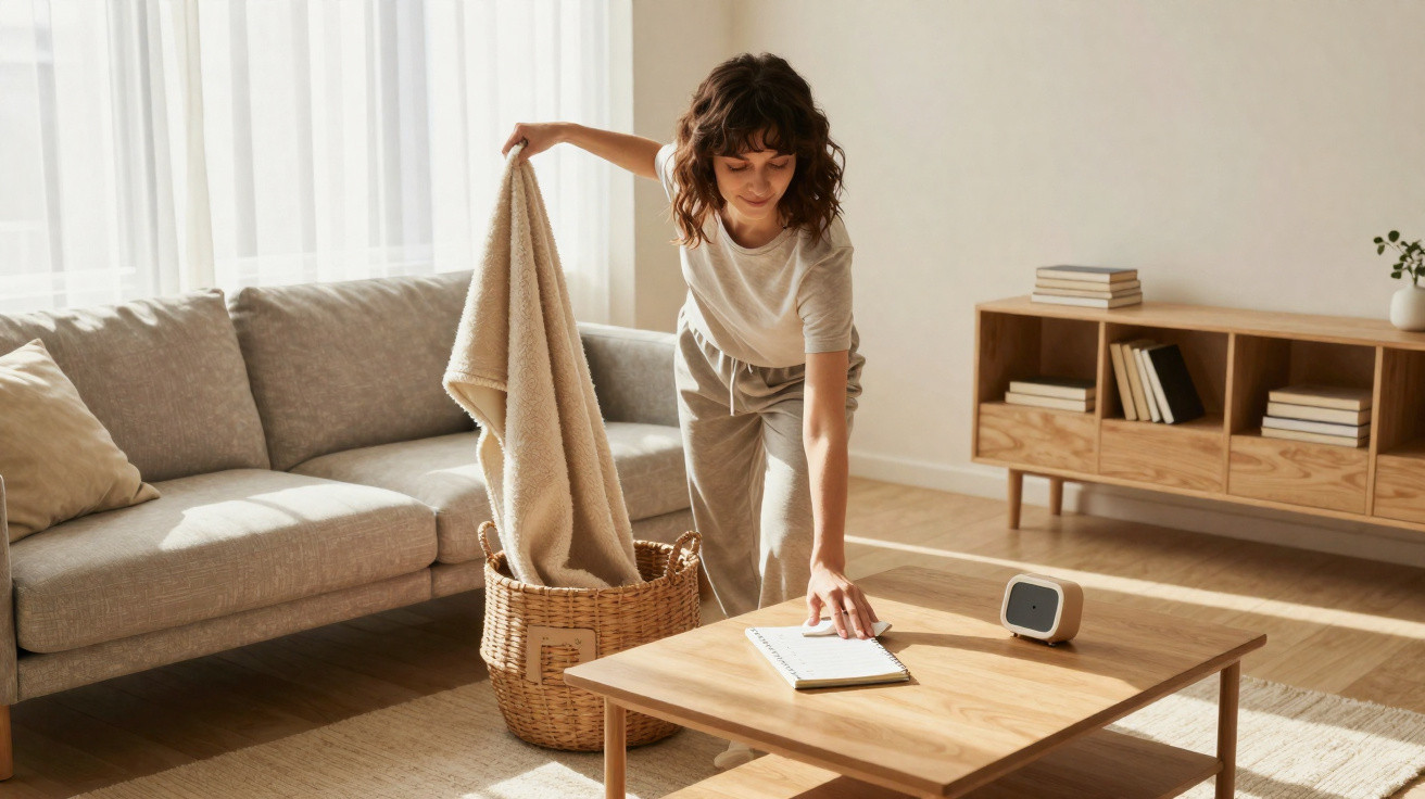 Woman placing a blanket in a basket while tidying a bright, modern living room with wooden furniture and a grey sofa.