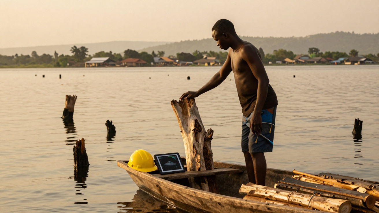 Man in shorts standing on wooden boat on calm lake with hard hat and tablet beside him at sunset