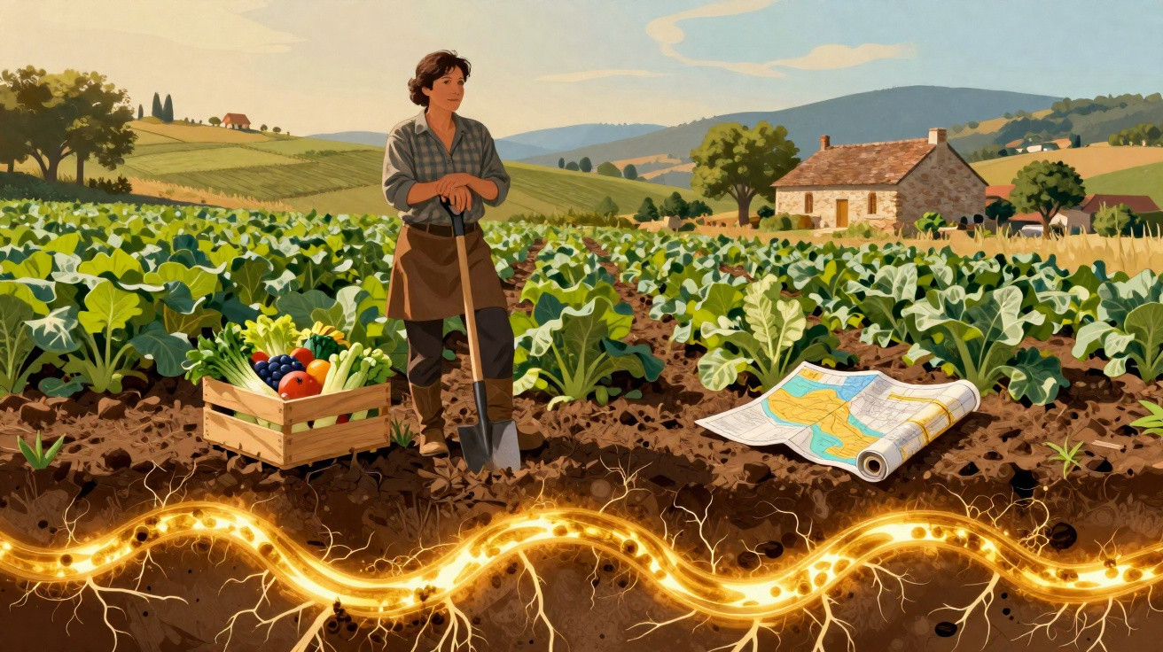 Woman standing in vegetable garden with crate of produce, shovel, map, and glowing roots underground.