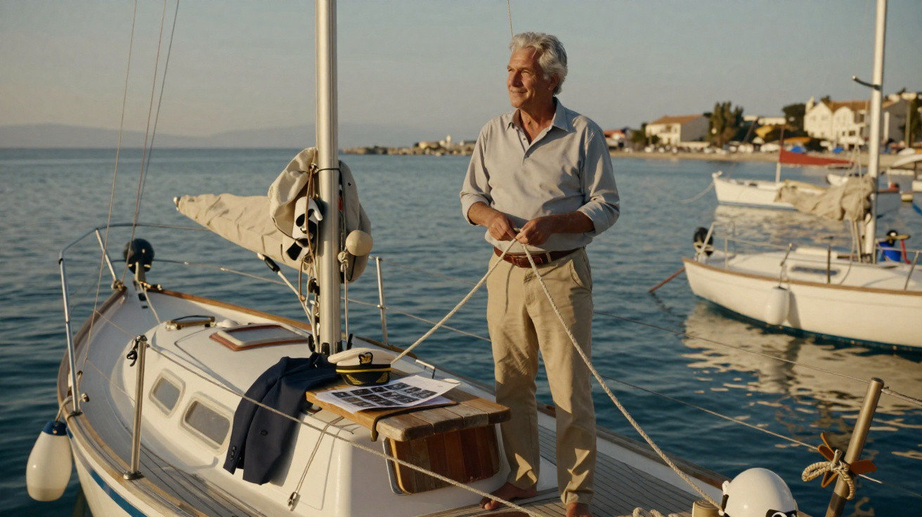 Older man standing on a sailboat at a marina, holding rope, with calm water and other boats in the background.