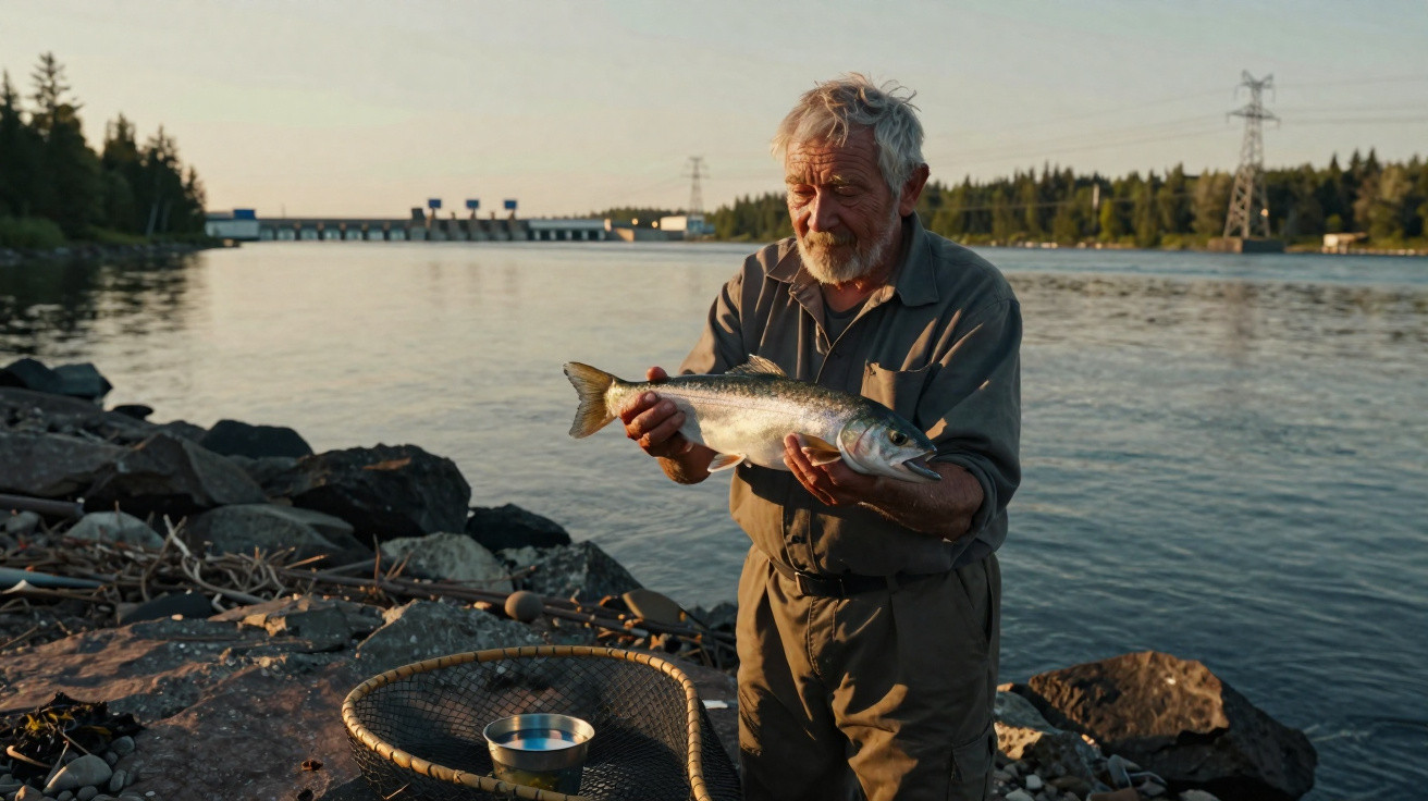 Elderly man holding a freshly caught fish by a riverside with trees and power lines in the background.