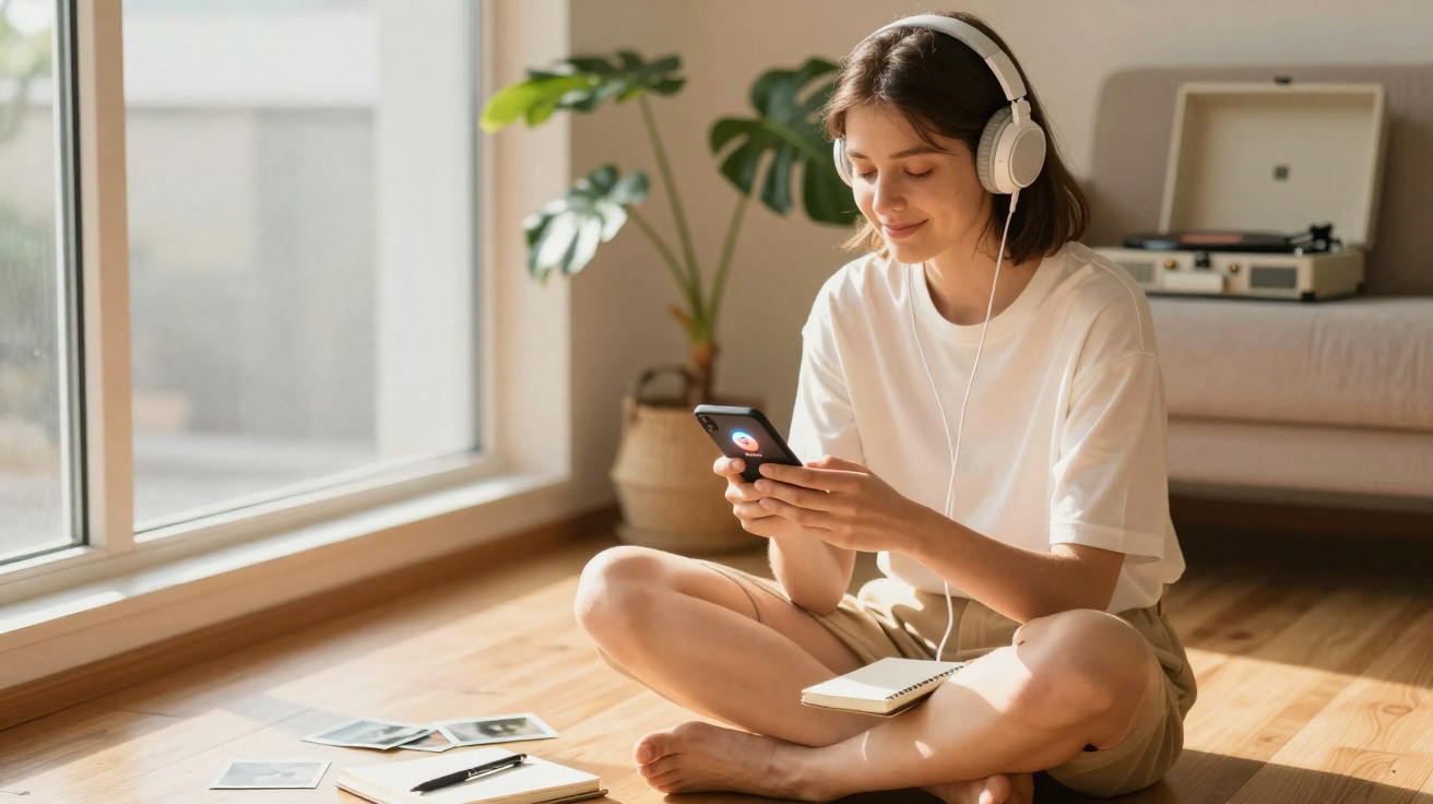 Young woman sitting cross-legged on wooden floor, wearing headphones and using smartphone in bright room.