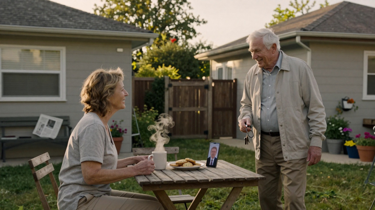 Older woman sitting with a cup and plate of cookies, video calling on phone to a man standing in garden.