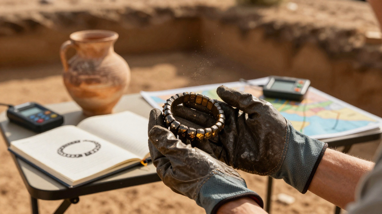 Archaeologist wearing gloves holding ancient beaded bracelet at dig site with pottery and notes nearby.