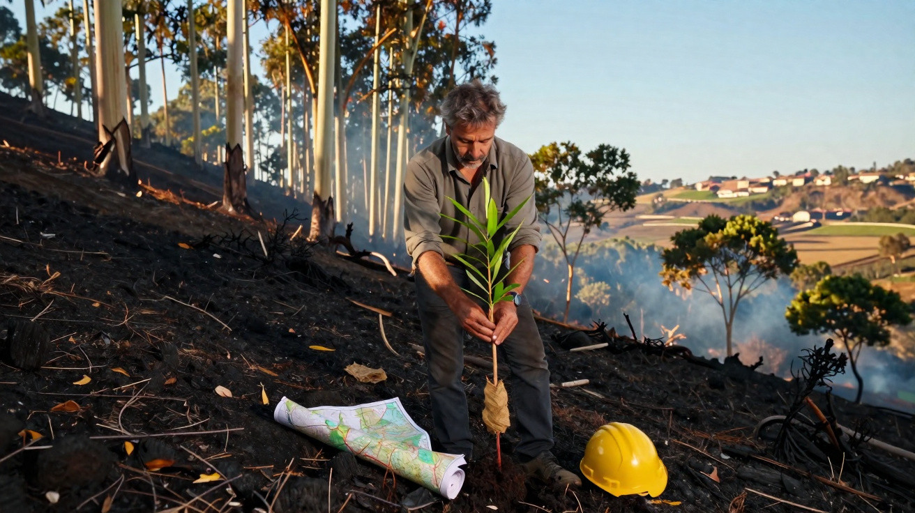 Man planting a sapling on burnt land with a map and yellow helmet nearby in a recovering forest area.