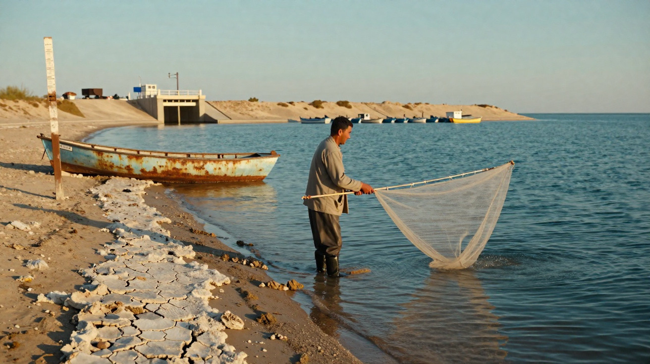 Man fishing with a net in shallow water near a sandy shore with boats and a dam structure in the background.