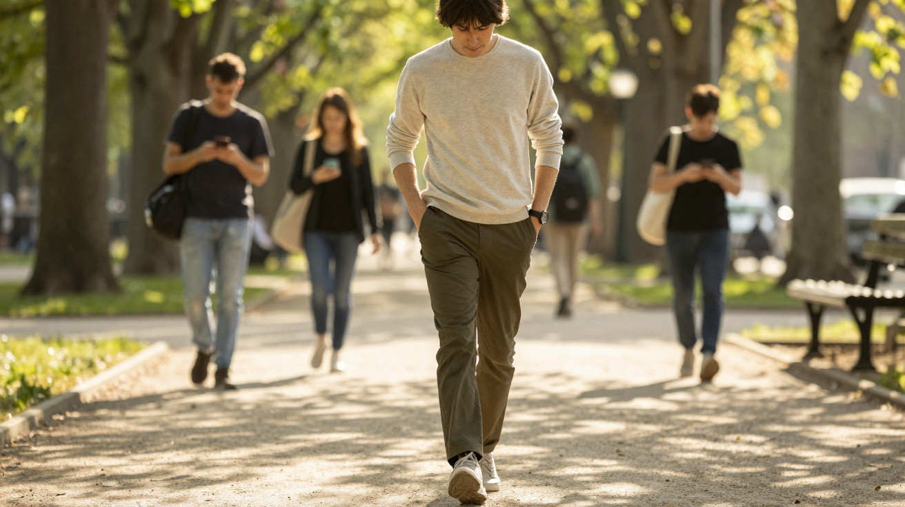 Young man walking alone on a sunlit park path with people using phones in the background.