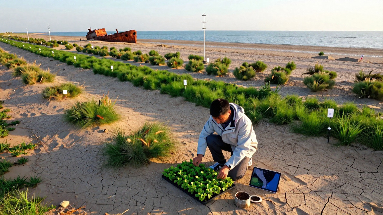 Person tending to plants on dry cracked soil near beach with shipwreck in the background.