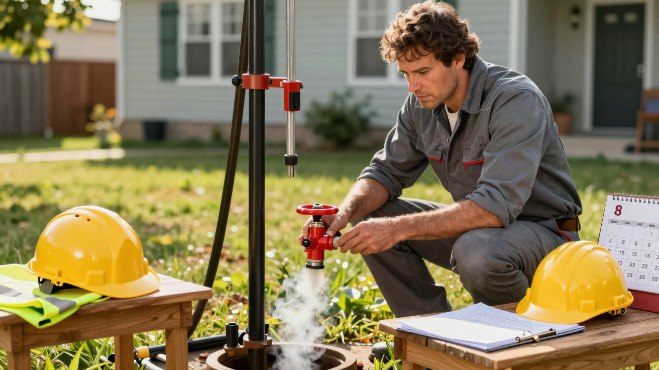 Engineer in grey overalls inspecting steam rising from an outdoor industrial valve setup with safety gear nearby.