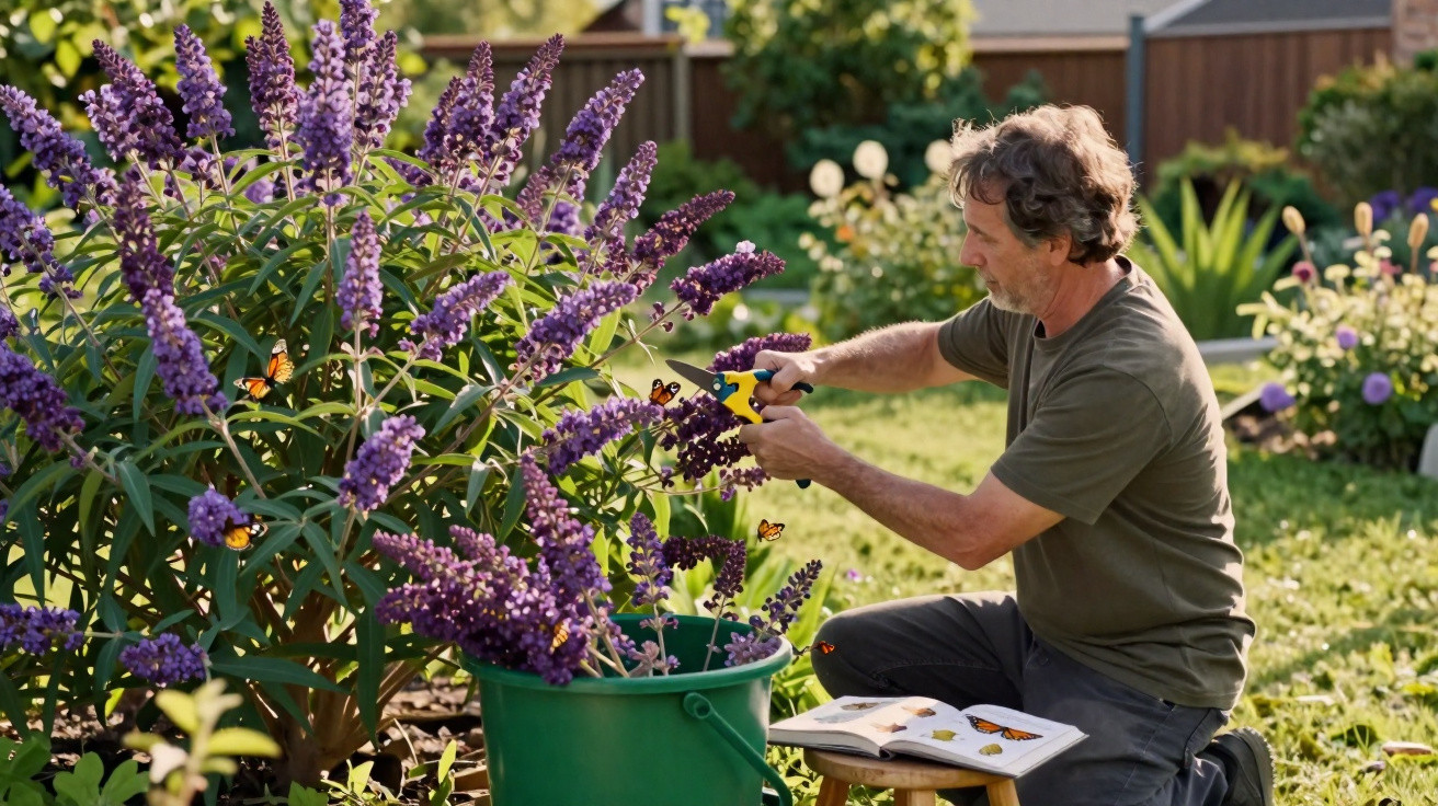Man pruning purple flowers in a garden with butterflies and a butterfly guidebook on a stool nearby.