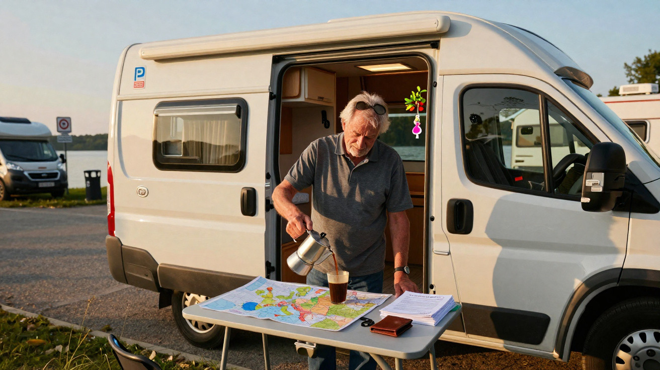 Elderly man pouring coffee at a table with a map outside a white campervan in a parking area near water.