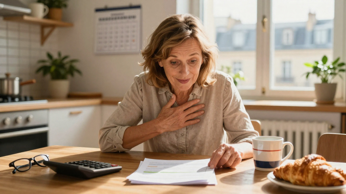 Mature woman sitting at kitchen table, reviewing documents with a thoughtful expression, coffee and croissant nearby.