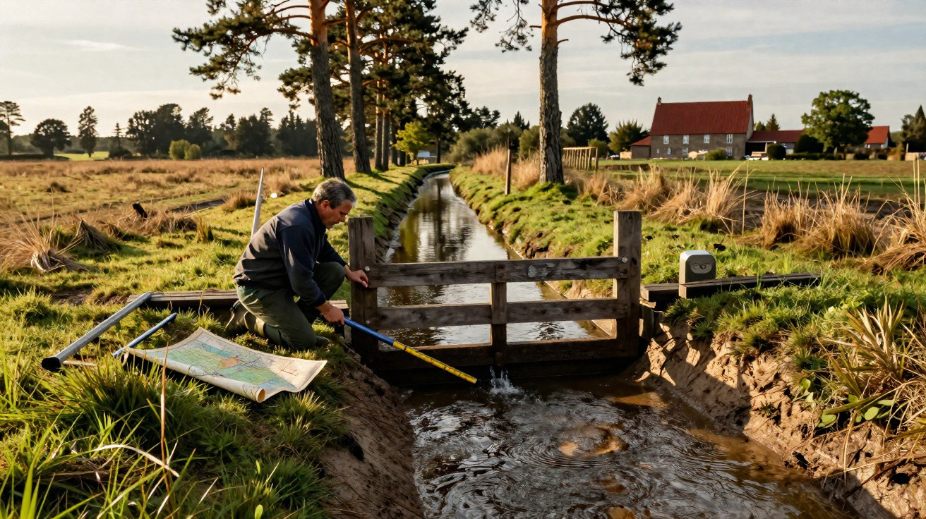 Man measuring water flow in a narrow rural irrigation canal beside a countryside field and farmhouse.