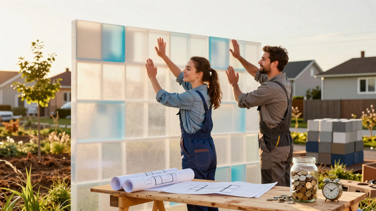 Two builders installing translucent glass blocks outdoors with blueprints and coins on a wooden table.