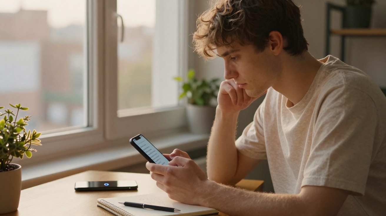 Young man sitting at desk by window, looking at smartphone with notebook and pen nearby in soft natural light