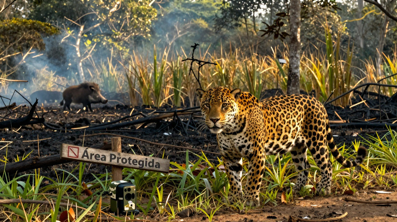 Jaguar standing near a sign reading "Área Protegida" in a forest with a wild boar in the background.