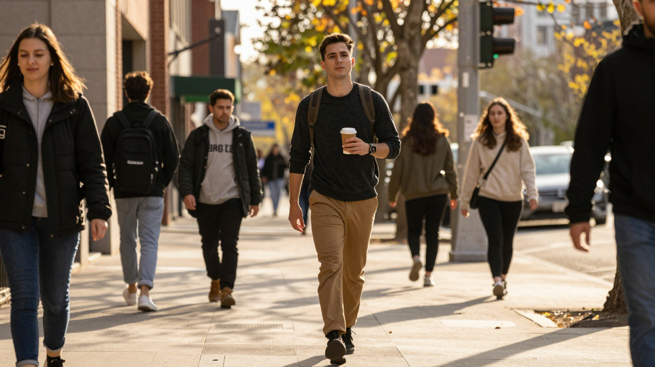 Young man walking on a sunny urban sidewalk holding a takeaway coffee cup, surrounded by pedestrians.