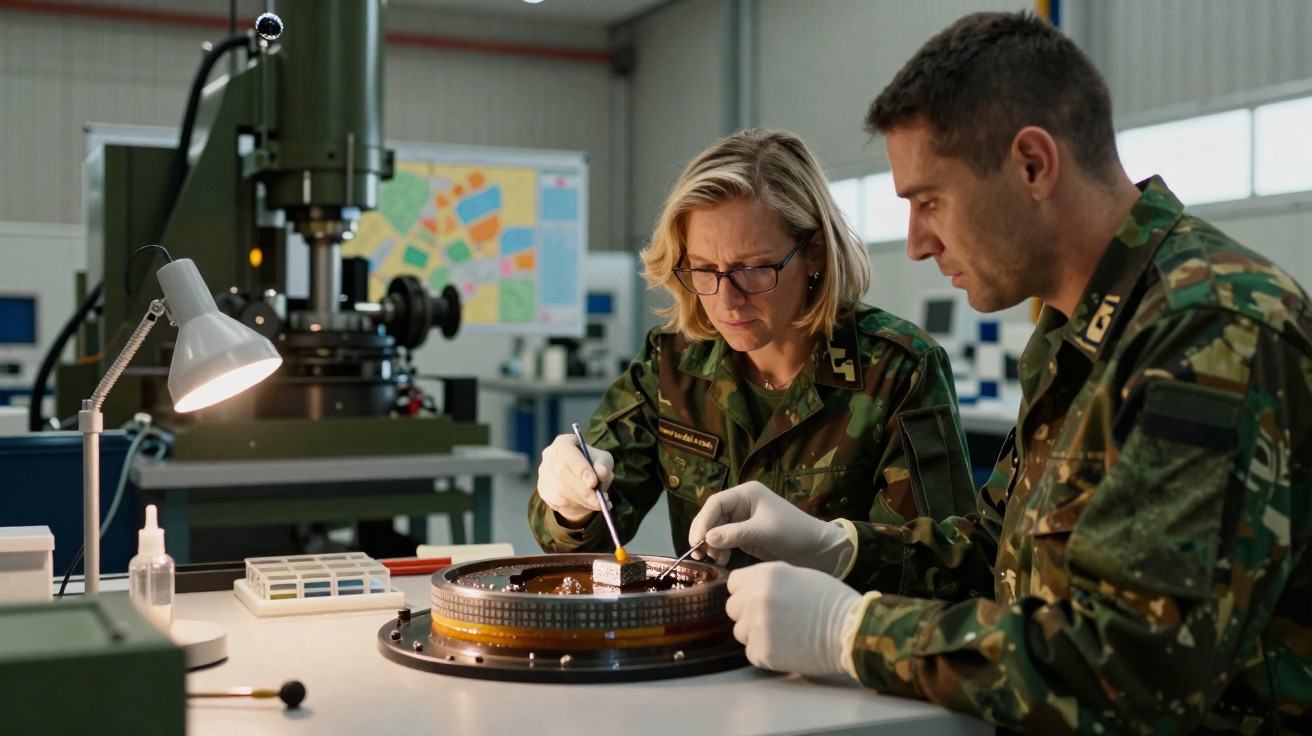 Two military personnel in camouflage uniforms examine a large circular electronic component at a lab table.