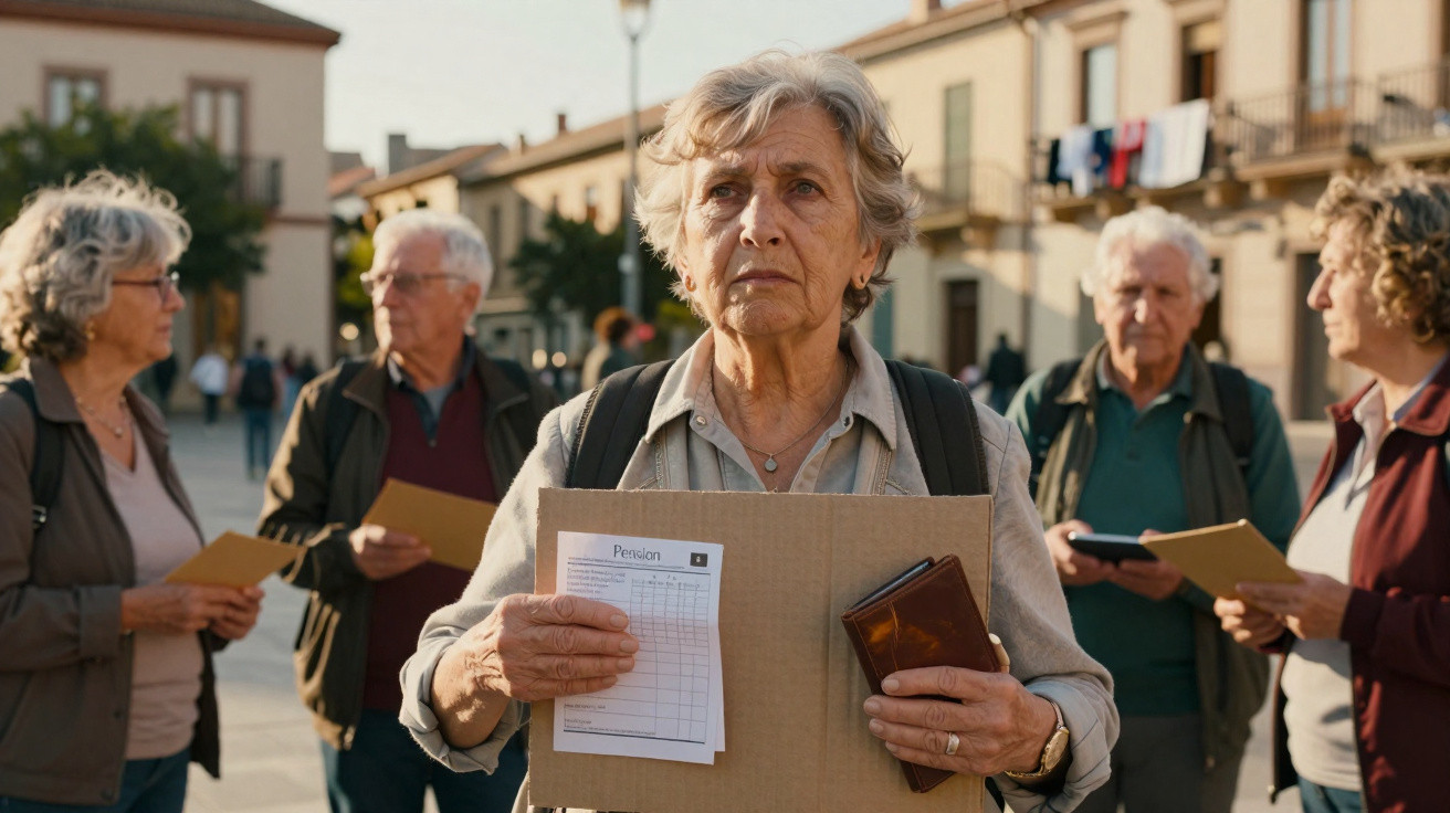 Elderly woman holding pension documents and wallet, surrounded by concerned seniors outdoors in a town square.