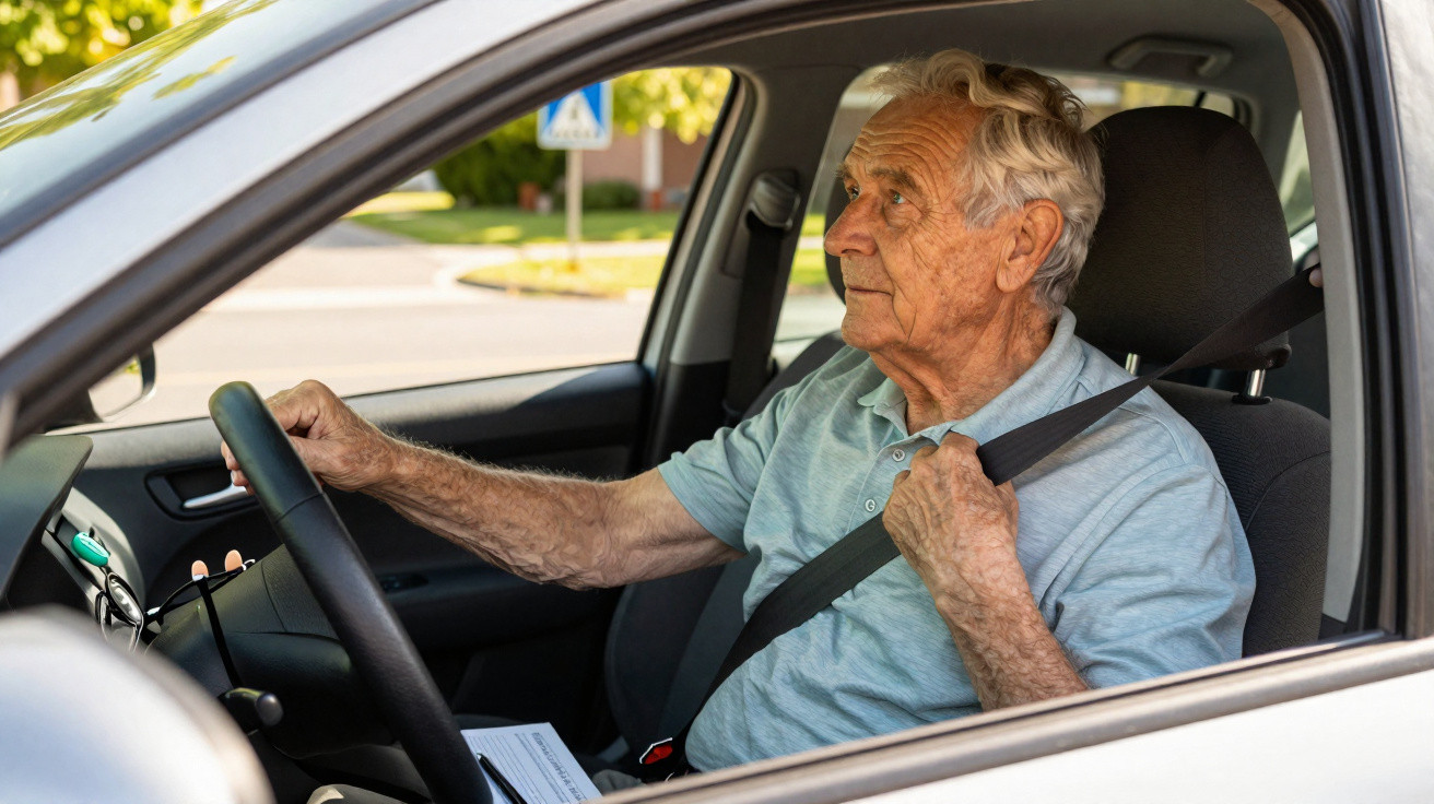 Elderly man wearing a seatbelt while sitting in the driver's seat of a parked car.
