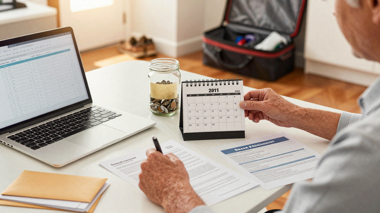 Person holding a 2011 calendar while working on documents with a laptop and jar of coins on a white table.