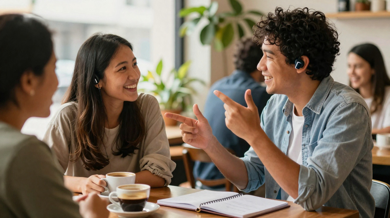 Young people smiling and chatting over coffee at a cafe table with notebooks and earbuds.