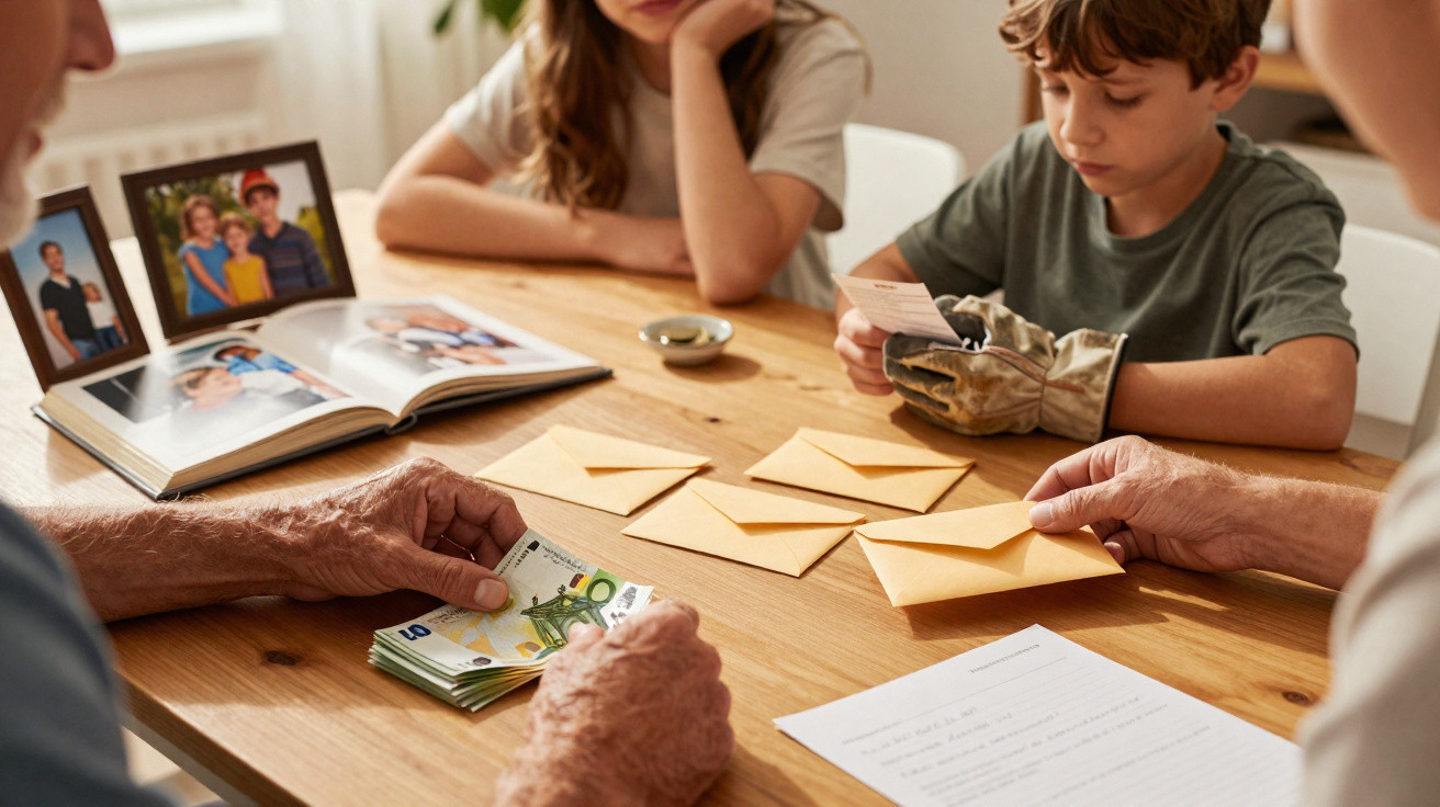 Child with glove holding a photo while adults count money and envelopes on a wooden table.
