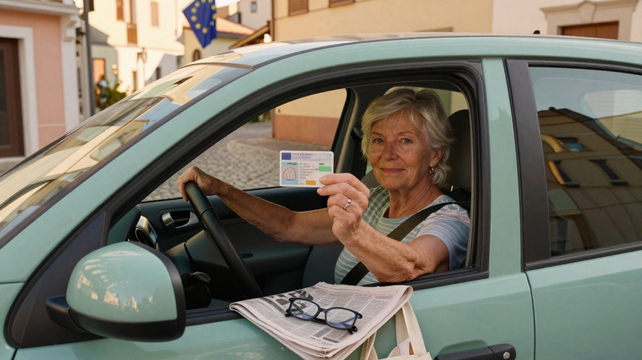 Senior woman sitting in a car holding up her driver’s licence with a newspaper and glasses on the dashboard.