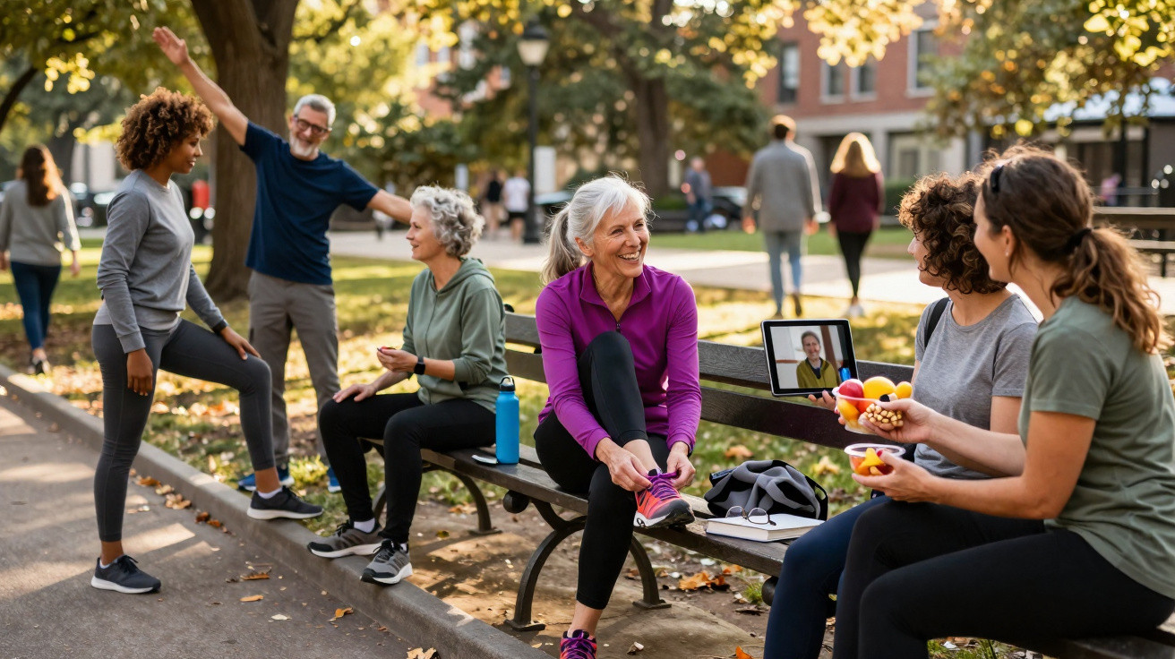 Group of older adults socialising and exercising outdoors in a park on an autumn day.