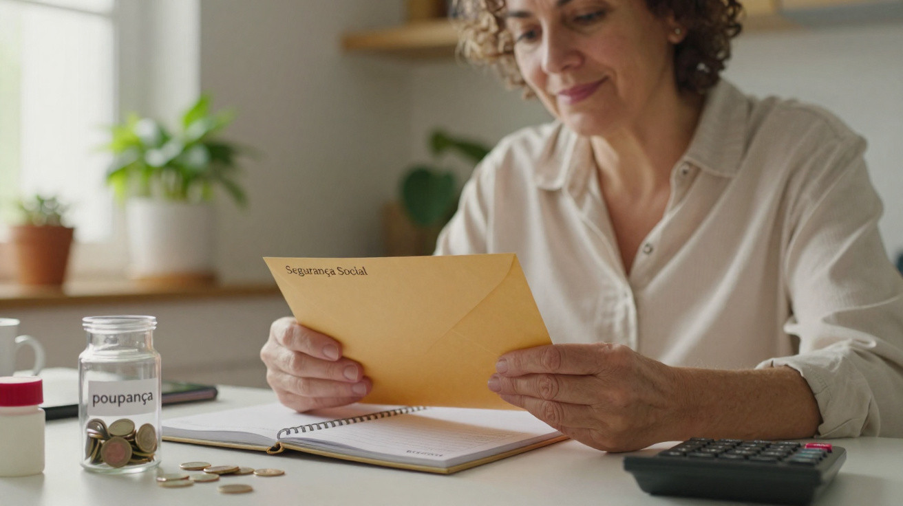 Middle-aged woman opening an envelope labelled Segurança Social at a table with coins and a calculator.