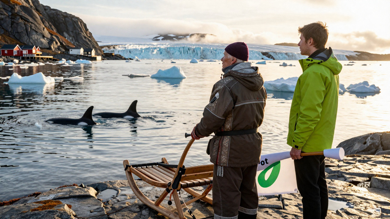 Two men stand on rocky shore near sled watching orcas swimming among icebergs at sunset.