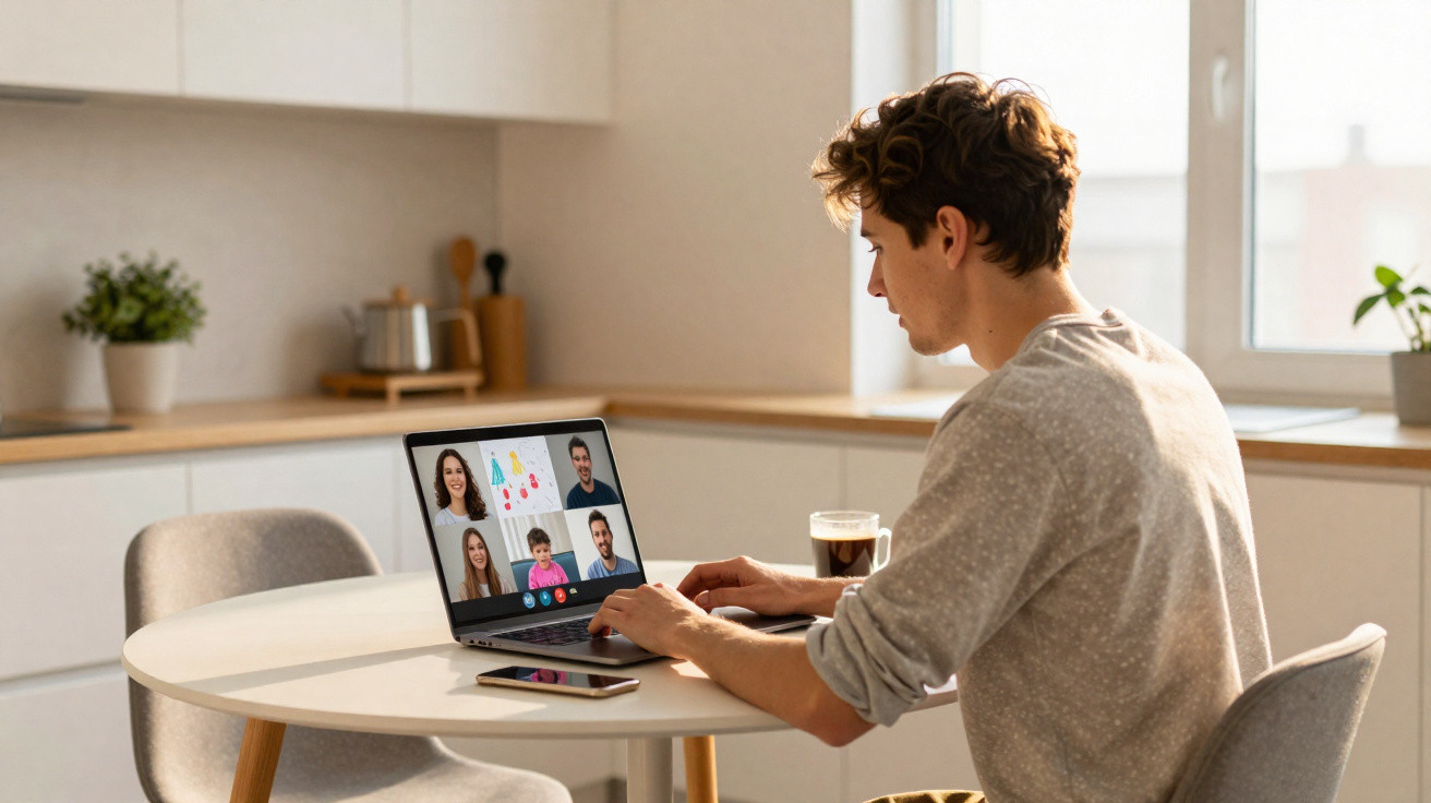 Young man participating in a video call on a laptop at a kitchen table with a coffee and smartphone nearby