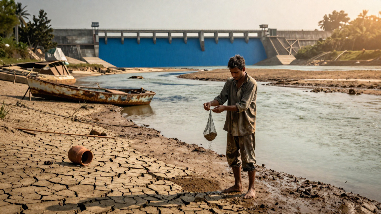 Man on cracked dry riverbank holding fishing net near rusty boats and dam in the background at sunset.