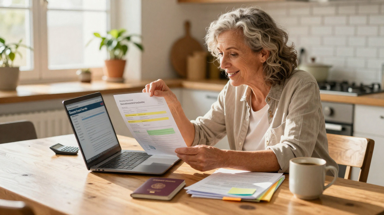 Mature woman sitting at kitchen table, reviewing documents with laptop, passport, and coffee mug nearby.