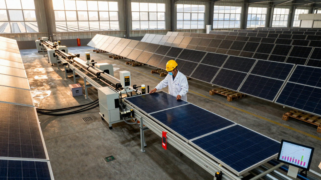 Worker in a hard hat inspects solar panels on a production line inside a large manufacturing facility.