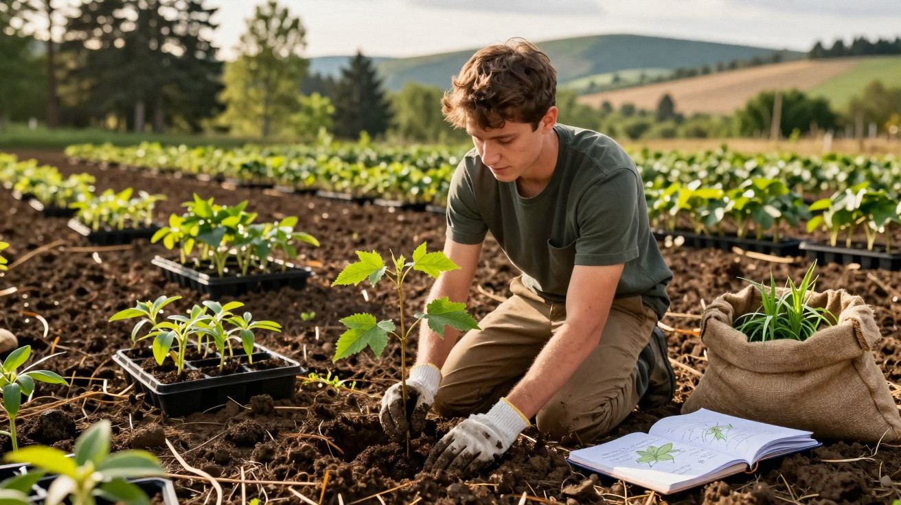 Young man planting a sapling in a field with seed trays and a botanical book nearby on a sunny day.