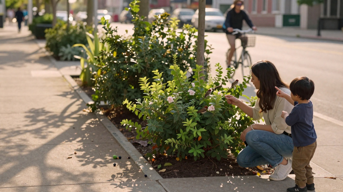 Woman and child examining flowers on a sidewalk garden with a cyclist passing by in the background.