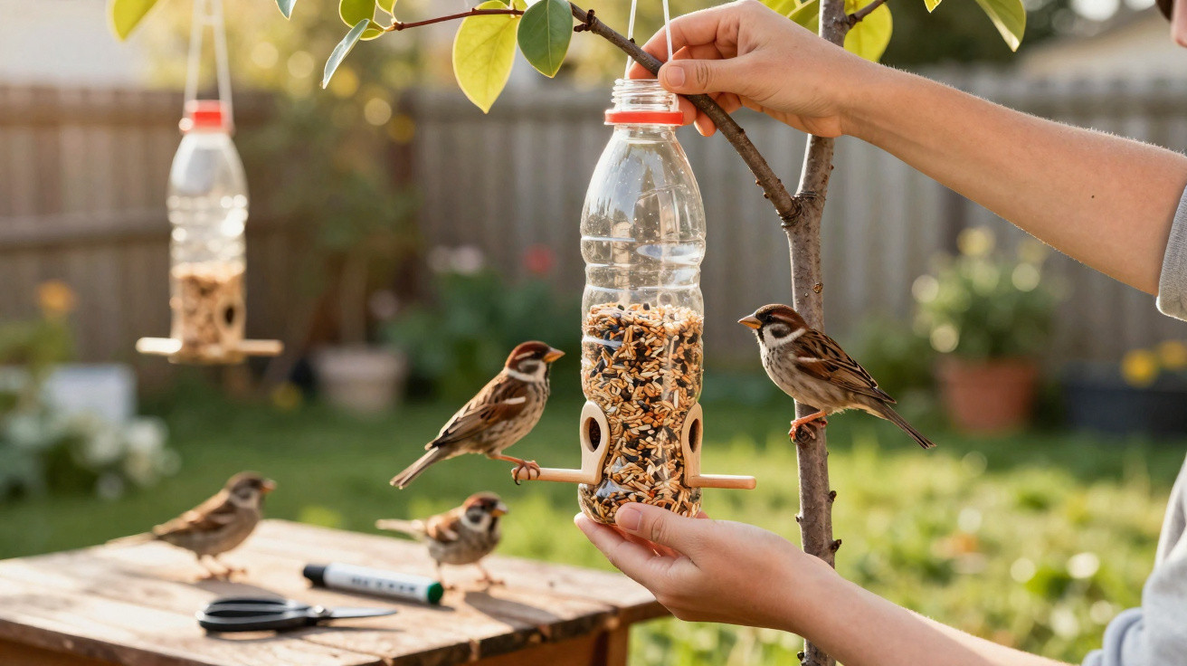 Hands holding a homemade bird feeder with sparrows feeding in a sunny garden setting.