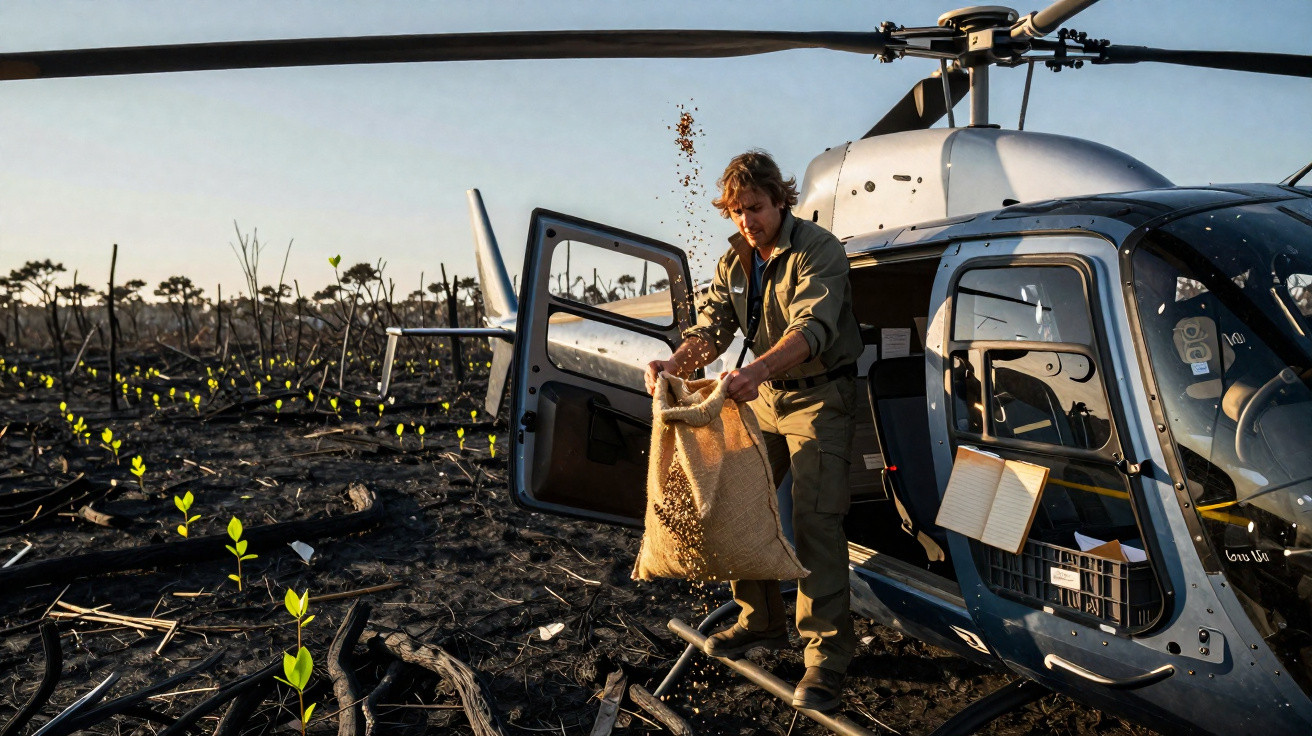 Man scattering seeds from a sack beside a helicopter in a burnt forest with new green shoots emerging.